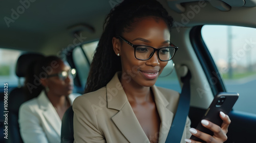 Focused African American Woman Checks Her Phone While Riding in a Car