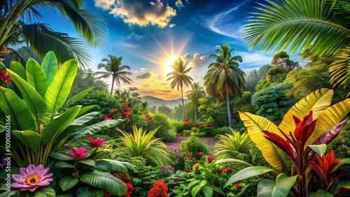 Lush Tropical Landscape with Vibrant Green Plants, Colorful Flowers, and Sunlight Filtering Through the Leaves in a Serene Natural Environment