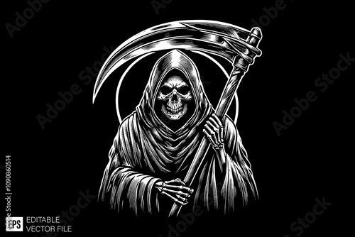 skull grim reaper holding scythe illustration black and white vector design