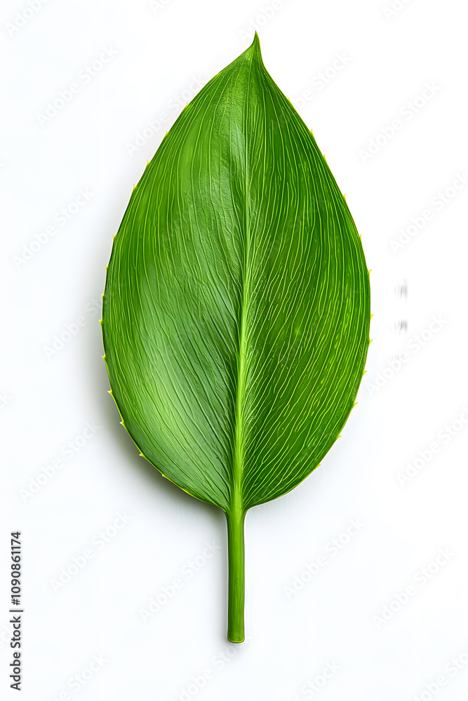 Fototapeta premium A single green leaf close-up, isolated on white background