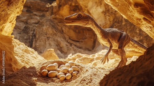 An Oviraptor carefully tending to its nest of eggs in a sandy hollow. photo