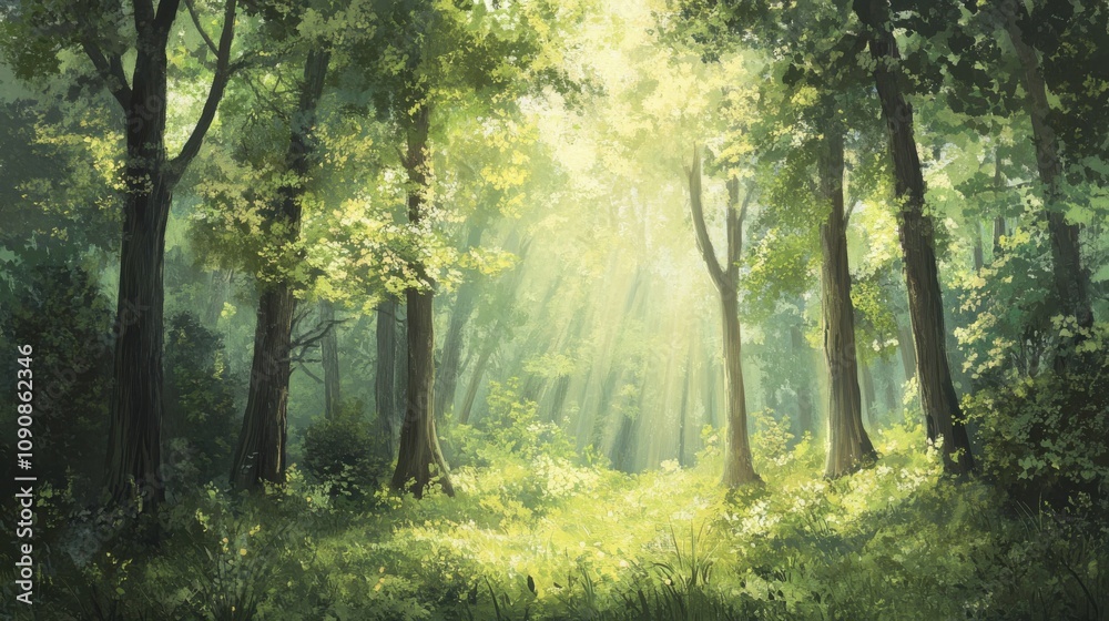 Naklejka premium A peaceful forest with tall trees, sunlight filtering through leaves, creating a calming atmosphere in nature during daytime