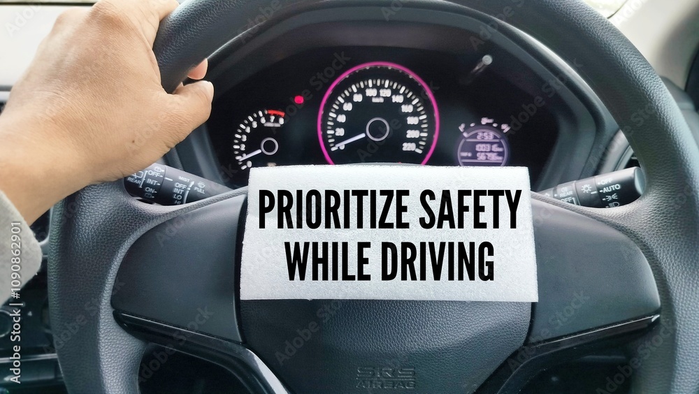 Obraz premium car steering wheel and paper with the words Prioritize safety while driving. the concept of prioritizing safety while driving