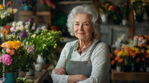 elderly happy woman florist in flower shop