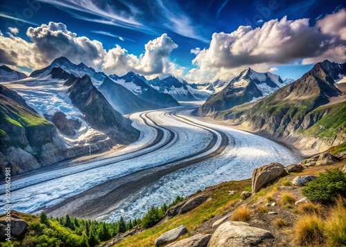 Majestic Aletsch Glacier with Ice Crevasses at Eggishorn, Fiesch, Canton of Valais, Switzerland - A Stunning Glacial Landscape Ready for Exploration and Adventure photo