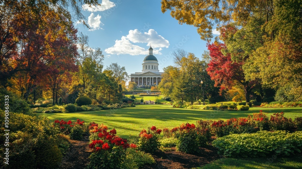 Fototapeta premium A beautiful autumn day in historical Kentucky with vibrant gardens and a classic building in the background