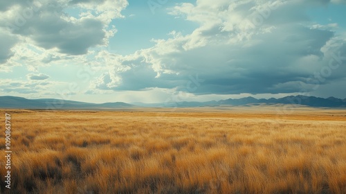 A breathtaking vista of golden grasslands under a dramatic sky in the early evening light