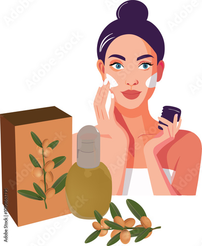 Woman applying argan oil cream on face for skincare routine