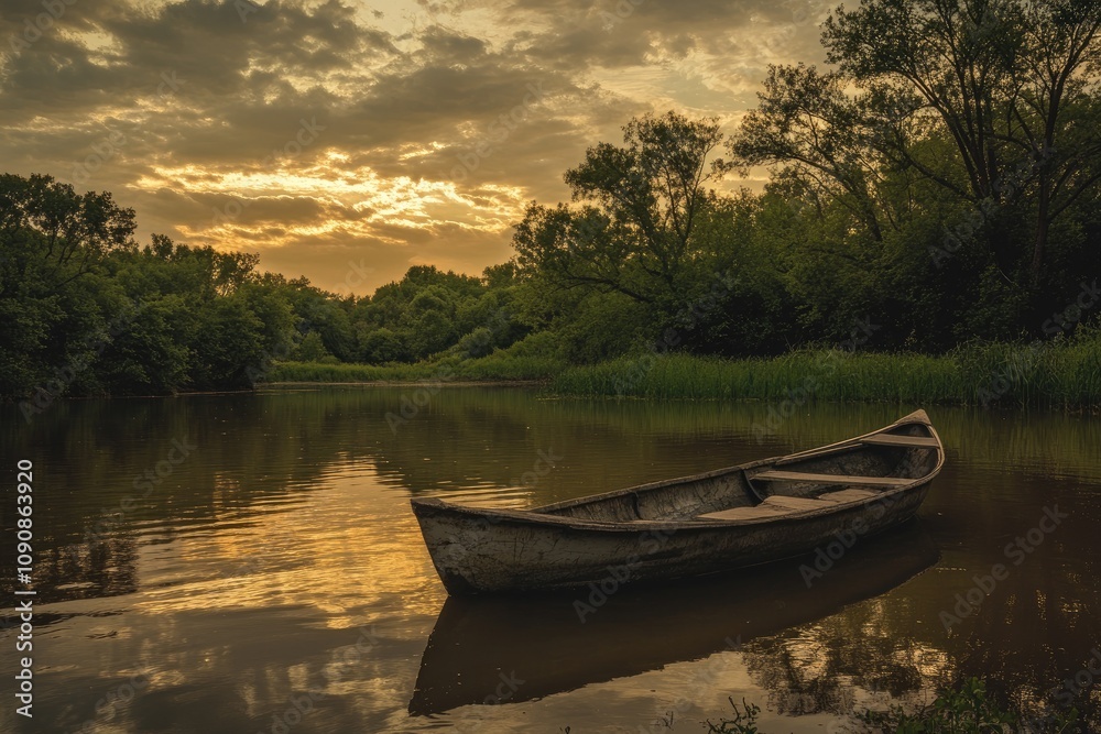 Obraz premium A Single Rowboat Anchored on a Calm River at Sunset
