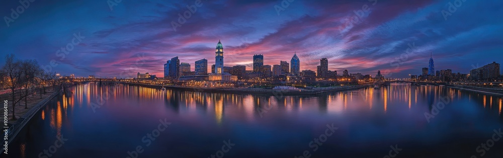 Obraz premium A breathtaking panoramic view of the historic skyline of Philadelphia at sunset reflecting over the calm waters of the river