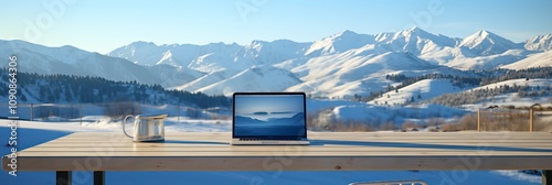 Serene workspace overlooking majestic snowy mountains in winter time. Generative AI photo