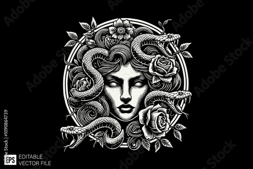 scary medusa head illustration black and white vector design