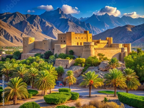 Majestic Hazm Castle in Rustaq, Oman: A Stunning Landscape Photography Capture of Historic Architecture Surrounded by Breathtaking Mountains and Clear Blue Skies photo