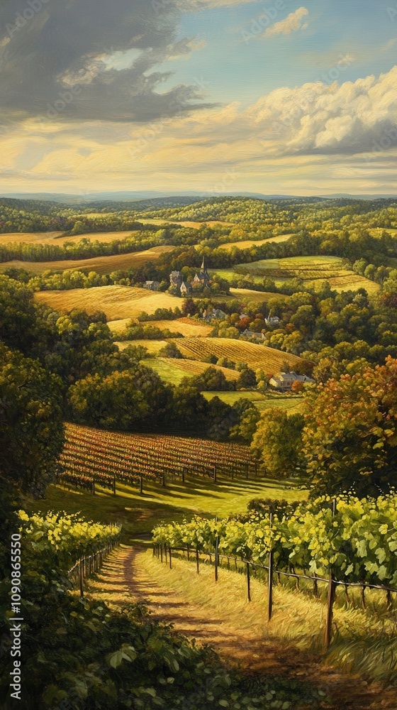 Naklejka premium A breathtaking view of the Brandywine Valley showcasing lush vineyards and rolling hills under a bright sky