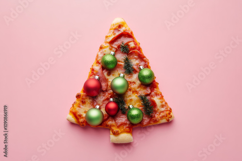 Unique Christmas tree shaped pizza decorated for festive celebration