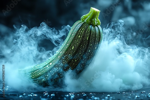 A single zucchini shrouded in ethereal blue smoke photo