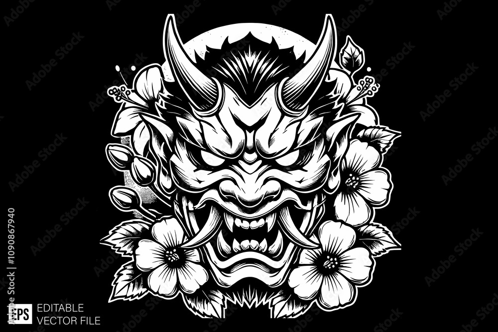 Obraz premium oni mask illustration black and white vector design