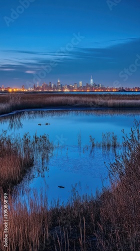 A tranquil dusk view of the Meadowlands with reflections of city lights over calm waters and wetlands photo