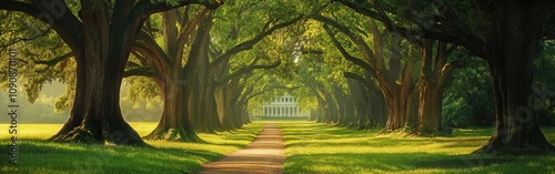 A tranquil afternoon stroll through the historic Oak Alley lined with majestic oak trees and lush greenery in Louisiana photo