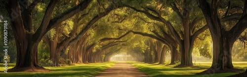 A tranquil view of Oak Alley showcasing historic trees lining the path leading to the grand plantation house at sunset photo