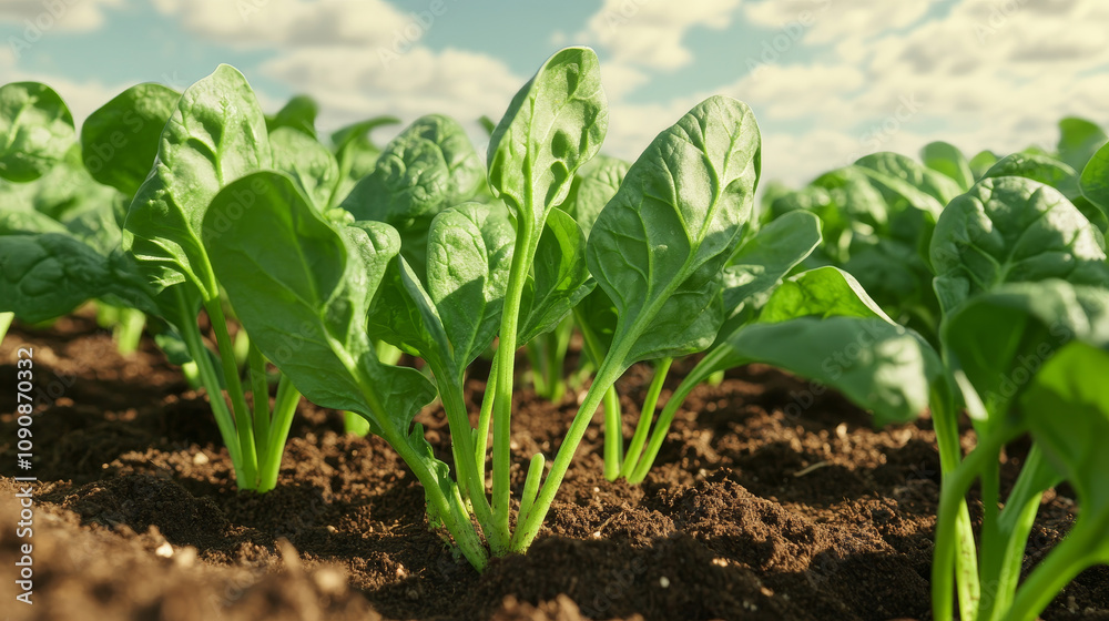 Obraz premium Fresh spinach leaves grow on stems in a garden bed. A close-up of green leafy vegetables with a blurred image outdoors. Ideal for cooking healthy food, organic food, or farm-cooked meals.