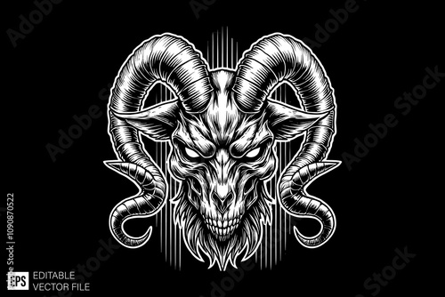 satanic goat illustration black and white vector design