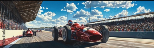 Exciting racing action at the Indianapolis Motor Speedway with classic cars under a bright blue sky photo