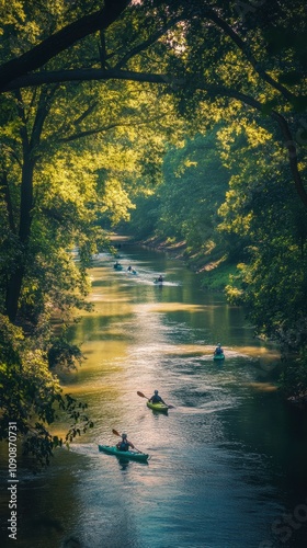 A tranquil afternoon on the Meramec River with kayakers enjoying the lush surroundings and gentle currents in summer photo