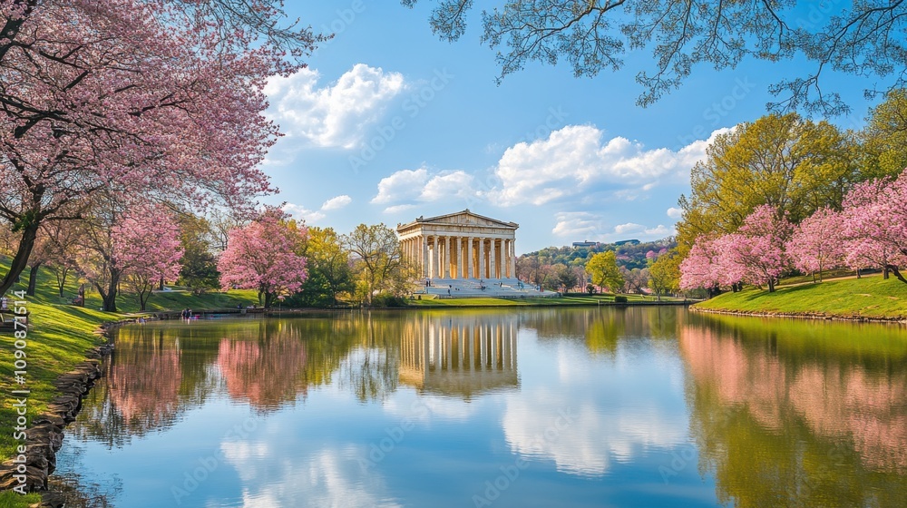 Obraz premium The Parthenon reflected in tranquil waters surrounded by blooming cherry blossoms on a sunny day in early spring
