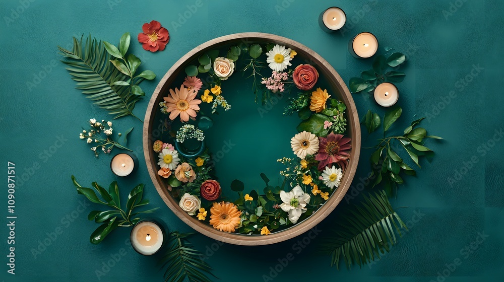 A Serene Herbal Bath Composition with Exquisite Flowers and Softly Glowing Candles. Natural Healing Concept A Serene Herbal Bath Composition with Exquisite Flowers and Softly Glowing Candles. Natural Healing Concept