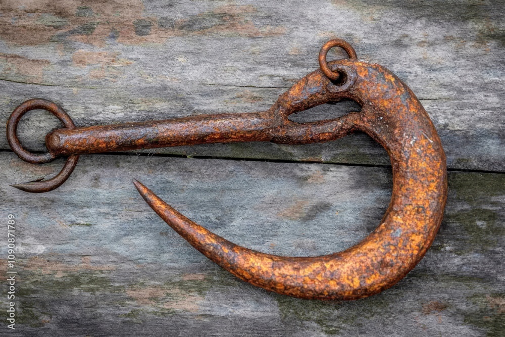 Rustic Weathered Fishing Hook on Wood - Old rusty fishing hook, weathered texture, antique, nautical, fishing, rural. Rustic Weathered Fishing Hook on Wood - Old rusty fishing hook, weathered texture, antique, nautical, fishing, rural.