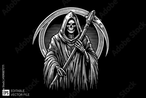 skull grim reaper holding scythe illustration black and white vector design
