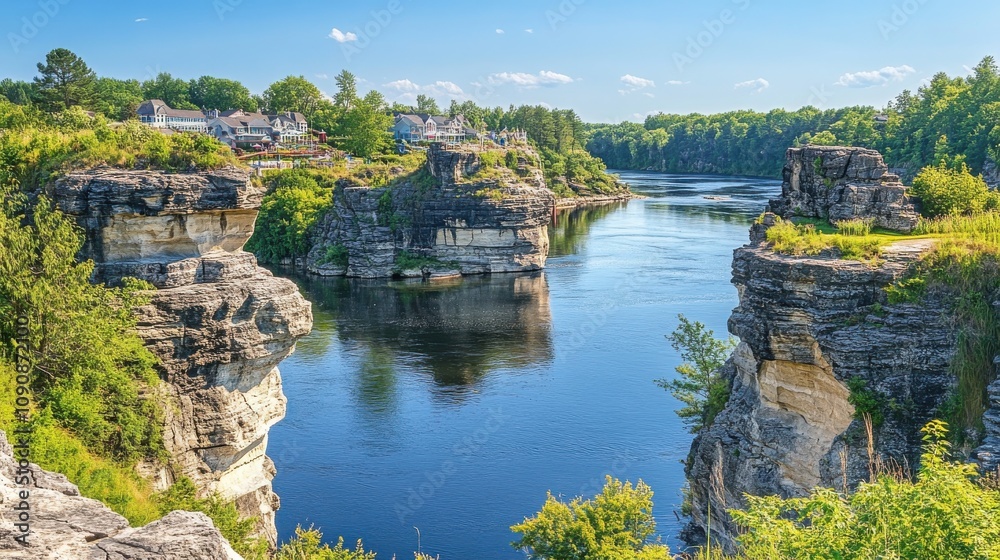 Fototapeta premium Explore the serene beauty of historic Wisconsin along the tranquil river valley under a clear blue sky