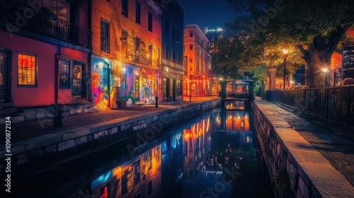Charming streets illuminated by colorful lights along a serene canal at night in a historic part of the city