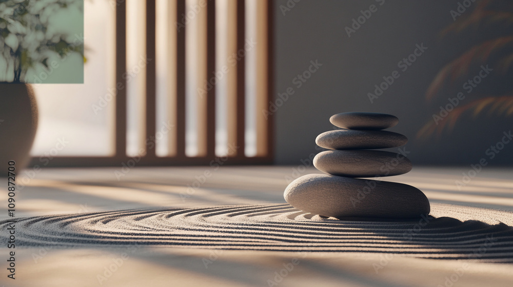 A minimalistic Zen-style composition. In the foreground there is a stack of four smooth stones, neatly arranged on top of each other. A minimalistic Zen-style composition. In the foreground there is a stack of four smooth stones, neatly arranged on top of each other.