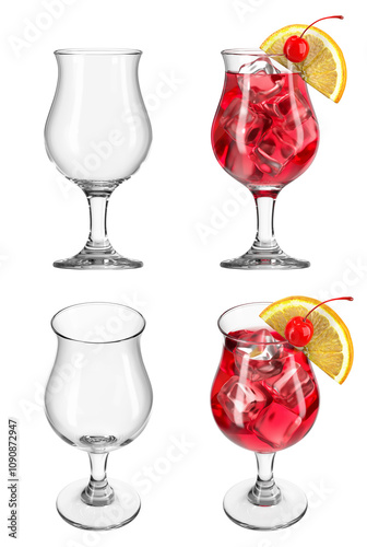 Glass with cocktail on the isolated transparent background. Set of empty glasses and with drink in different angles. Bar theme. Drink with orange and cherry. 3d rendering.