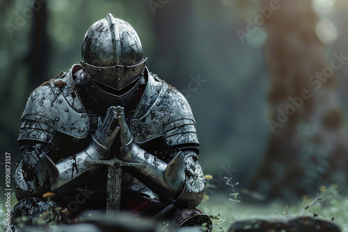 Fantastic royal knight in iron armor guards castle chambers