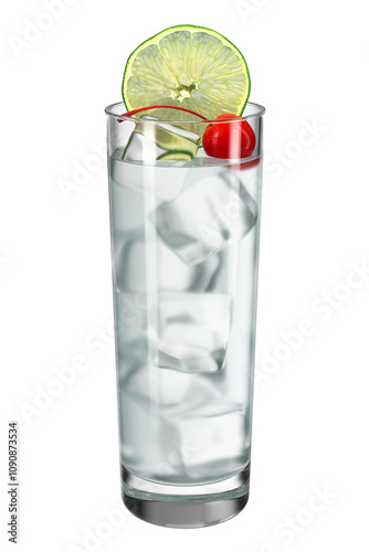 Collins glass with cocktail on the isolated transparent background. Bar theme. Drink with lime and cherry. 3d rendering.