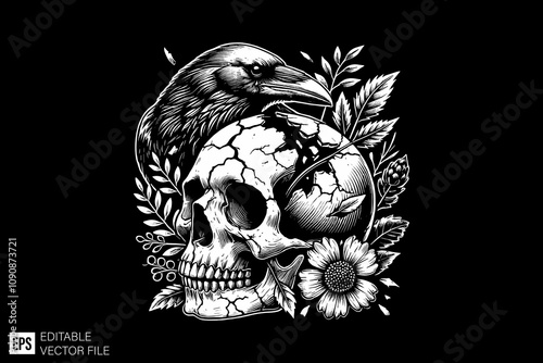 skull and raven tattoo illustration black and white vector design