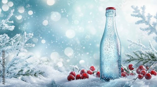 Frosty Bottle of Alani Sparkling Drink in Winter Landscape