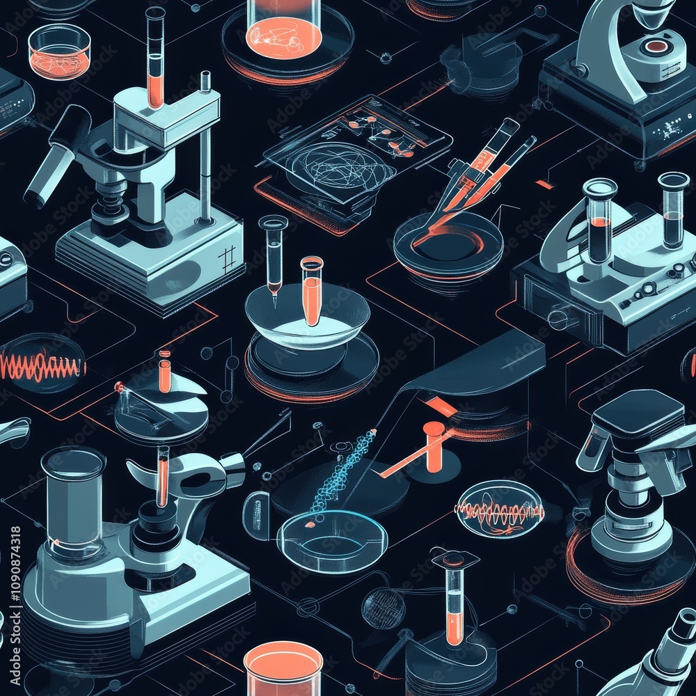 A detailed pattern showcasing various laboratory equipment for scientific research in a dark thematic setting with vibrant accents A detailed pattern showcasing various laboratory equipment for scientific research in a dark thematic setting with vibrant accents