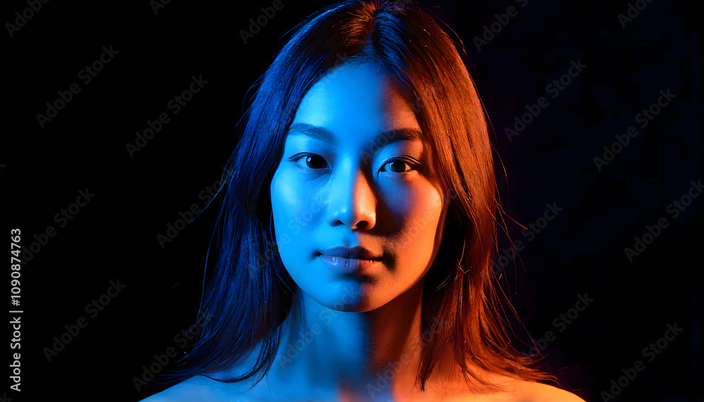 Fototapeta premium オレンジと青のダブルライトで照らされた女性のポートレート