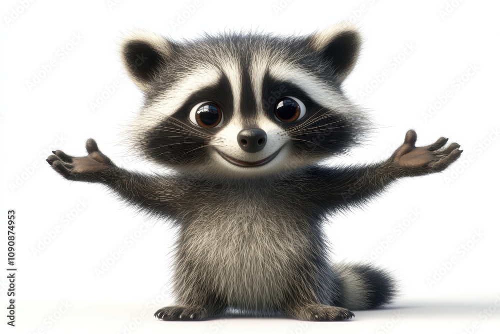 Obraz premium Cute raccoon with open arms expresses joy in a charming animation