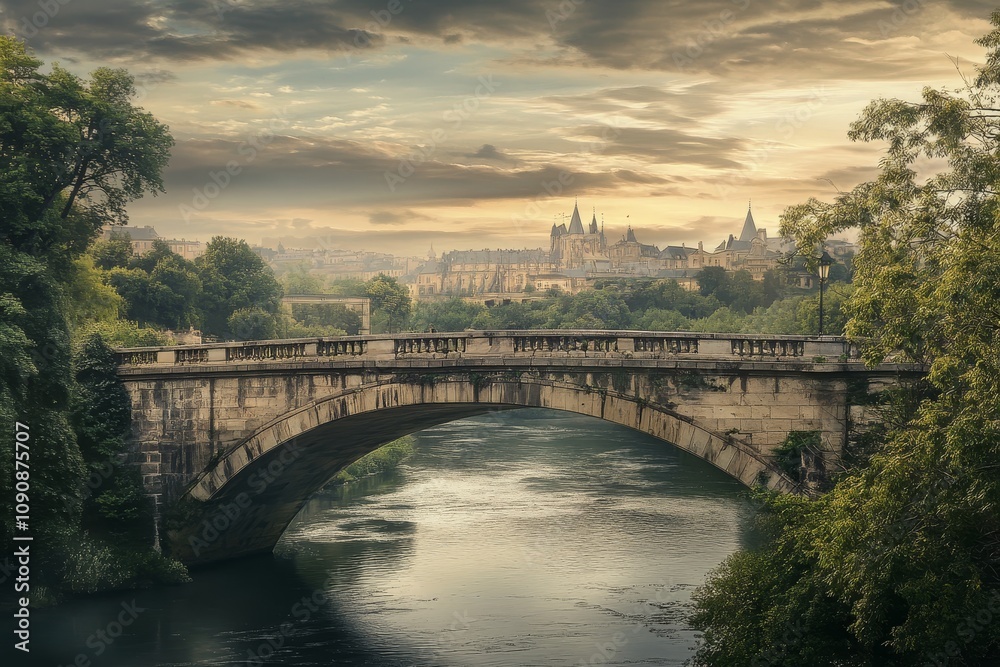 Fototapeta premium Serene Sunset Bridge and Cityscape - Picturesque stone bridge over calm river, city skyline backdrop, sunset ambiance. Symbolizes peace, travel, history, architecture, nature.