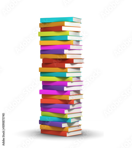 A tall stack of colorful books arranged vertically on a plain white background. 3D rendering illustrating education, knowledge, and literature concepts