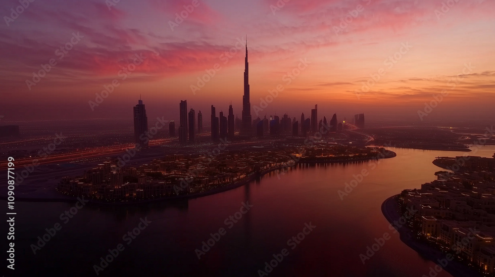 Naklejka premium Aerial View of Dubai at Dusk with Burj Khalifa and Skyscrapers