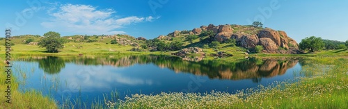 Experience the serene beauty of the Wichita Mountains reflecting in tranquil waters on a sunny day in Oklahoma photo