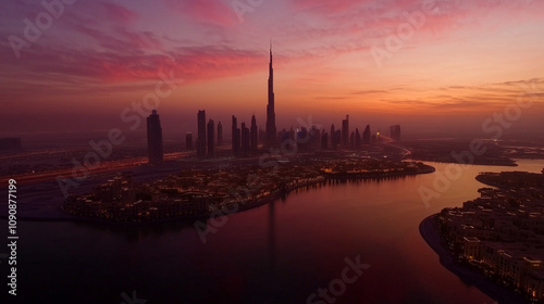 Aerial View of Dubai at Dusk with Burj Khalifa and Skyscrapers