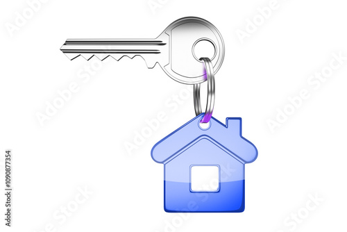 Silver key with a blue house-shaped keychain. The key and keychain are isolated on a white background. Concept of home or real estate. 3D Rendering