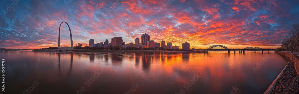 Stunning sunset over the Gateway Arch and St. Louis skyline reflecting on the Mississippi River Stunning sunset over the Gateway Arch and St. Louis skyline reflecting on the Mississippi River